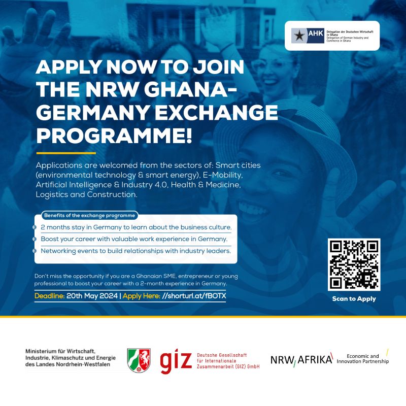 🚀 Unlock Your Potential with the NRW Ghana-Germany Exchange Programme! 🚀 Participate in a two-month stay in Germany Deadline: Monday, 20th May 2024. Details: shorturl.at/msHI7 #NRWGhanaGermanyExchange #YoungProfessionals #SustainableDevelopment #EconomicGrowth