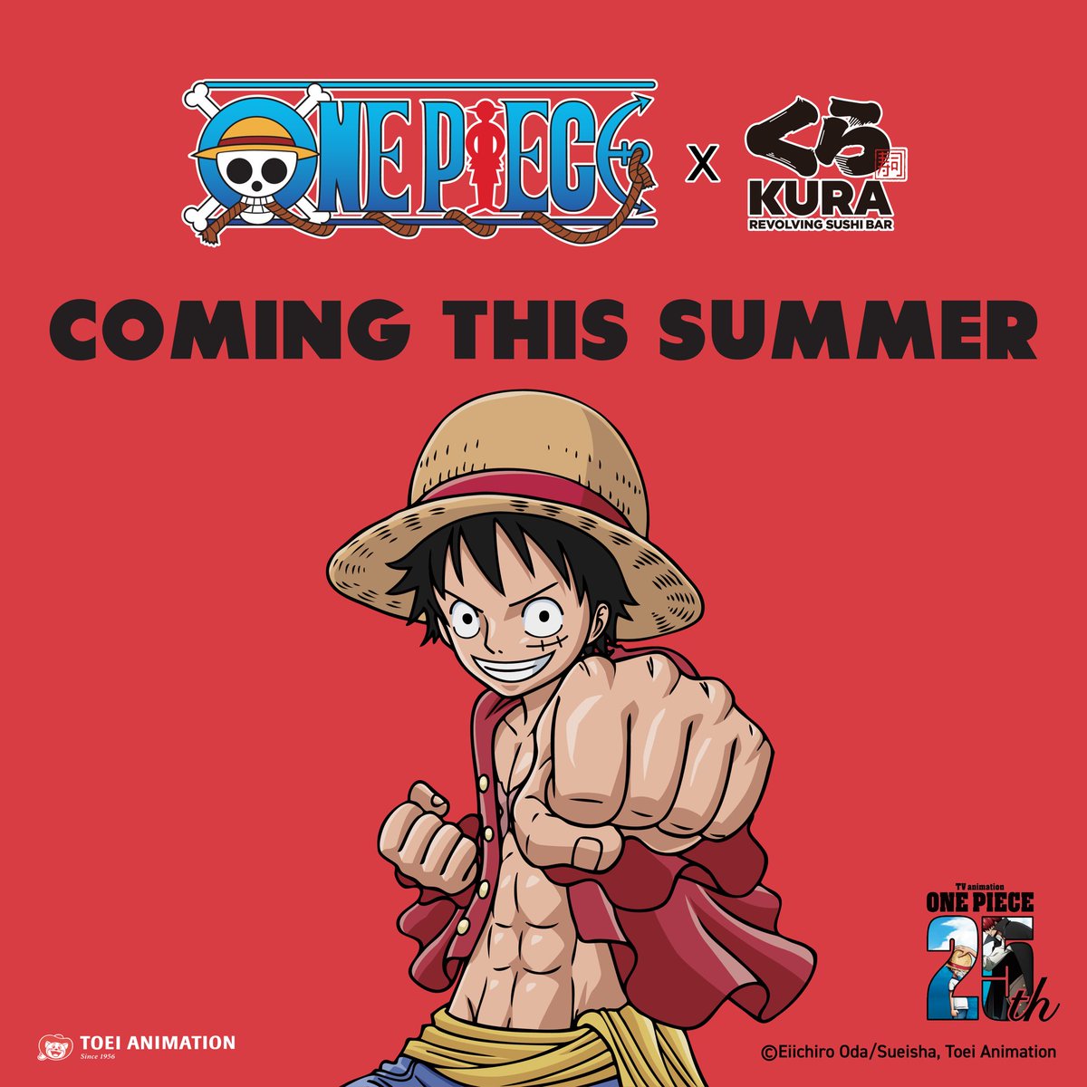 Prepare for a thrilling #BikkuraPon voyage! The Straw Hat Crew is sailing into Kura Revolving Sushi Bar this Summer! Stay tuned mates! 🏴‍☠️⛵️🌊🍖💪 

#onepiece #onepieceanime #onepiecefan #luffy #monkeydluffy #revolvingsushi #conveyorbeltsushi