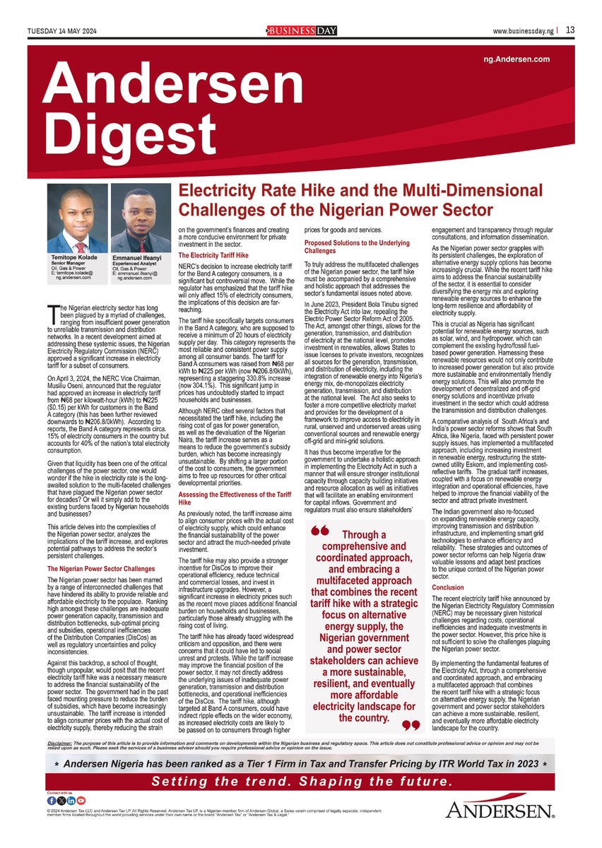 Electricity Rate Hike and the Multi-Dimensional Challenges of the Nigerian Power Sector.

Article by @AndersenNigeria

Read on page 13 of today’s BusinessDay Paper

#electricity #powersector #ratehike #andersen #businessday