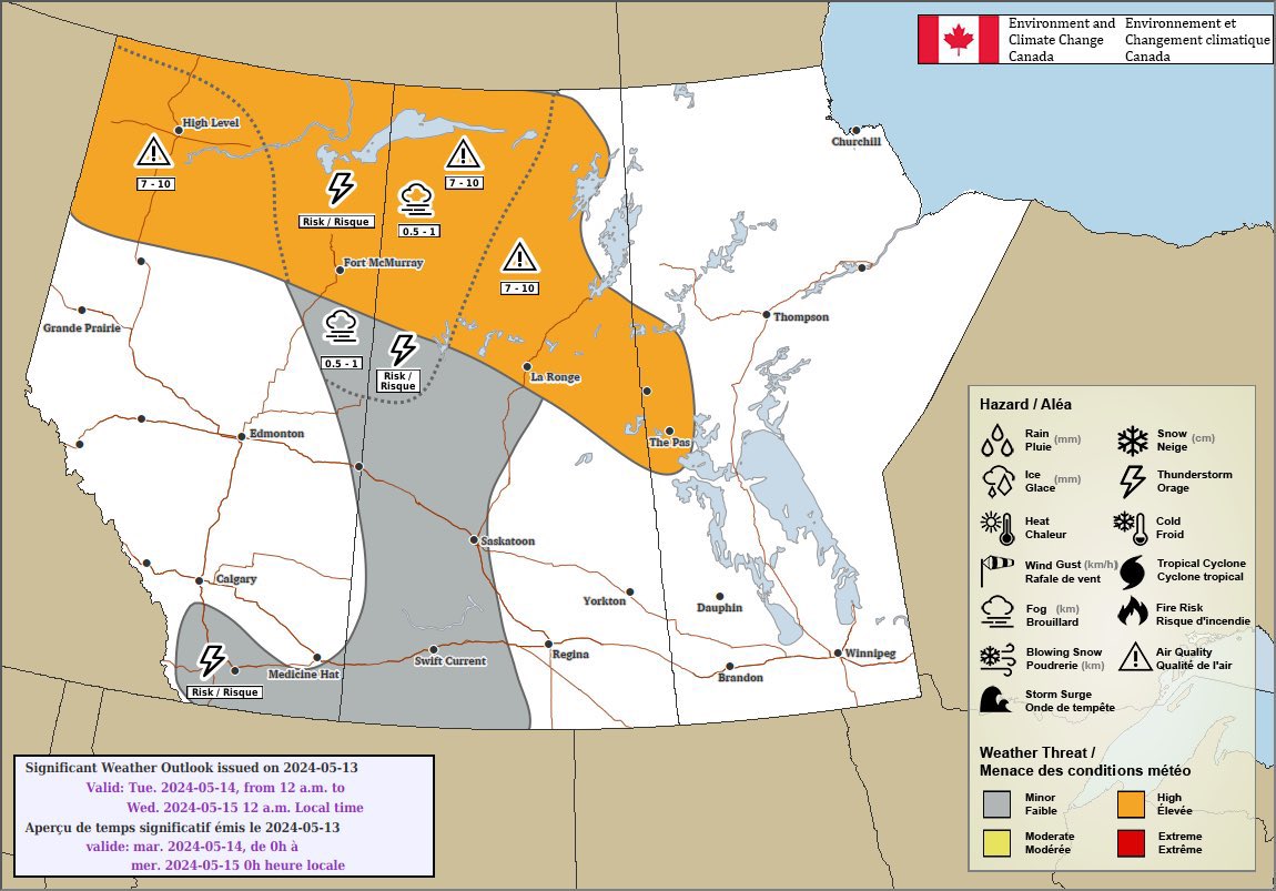 Smoke will continue to dominate the northern prairies, with a high risk of poor air quality remaining in place #abstorm #skstorm #mbstorm
