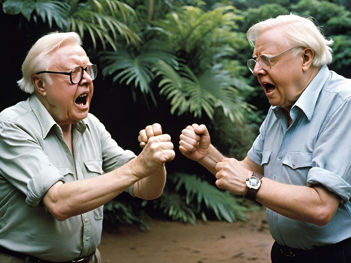 Came across these photos of David and Richard Attenborough fighting a bear, velociraptor, and each other respectively