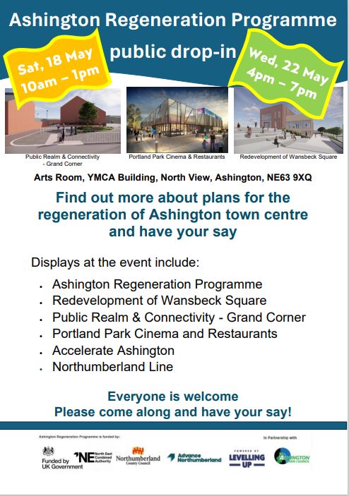 We're hosting TWO drop-in events in #Ashington for residents to learn more about ambitious plans for the town centre + have their say. 👉 Arts Room at the YMCA, North View 👉 Sat 18th May (10am-1pm), Wed 22nd May (4pm-7pm.) Learn more >> nland.cc/Ashdropin
