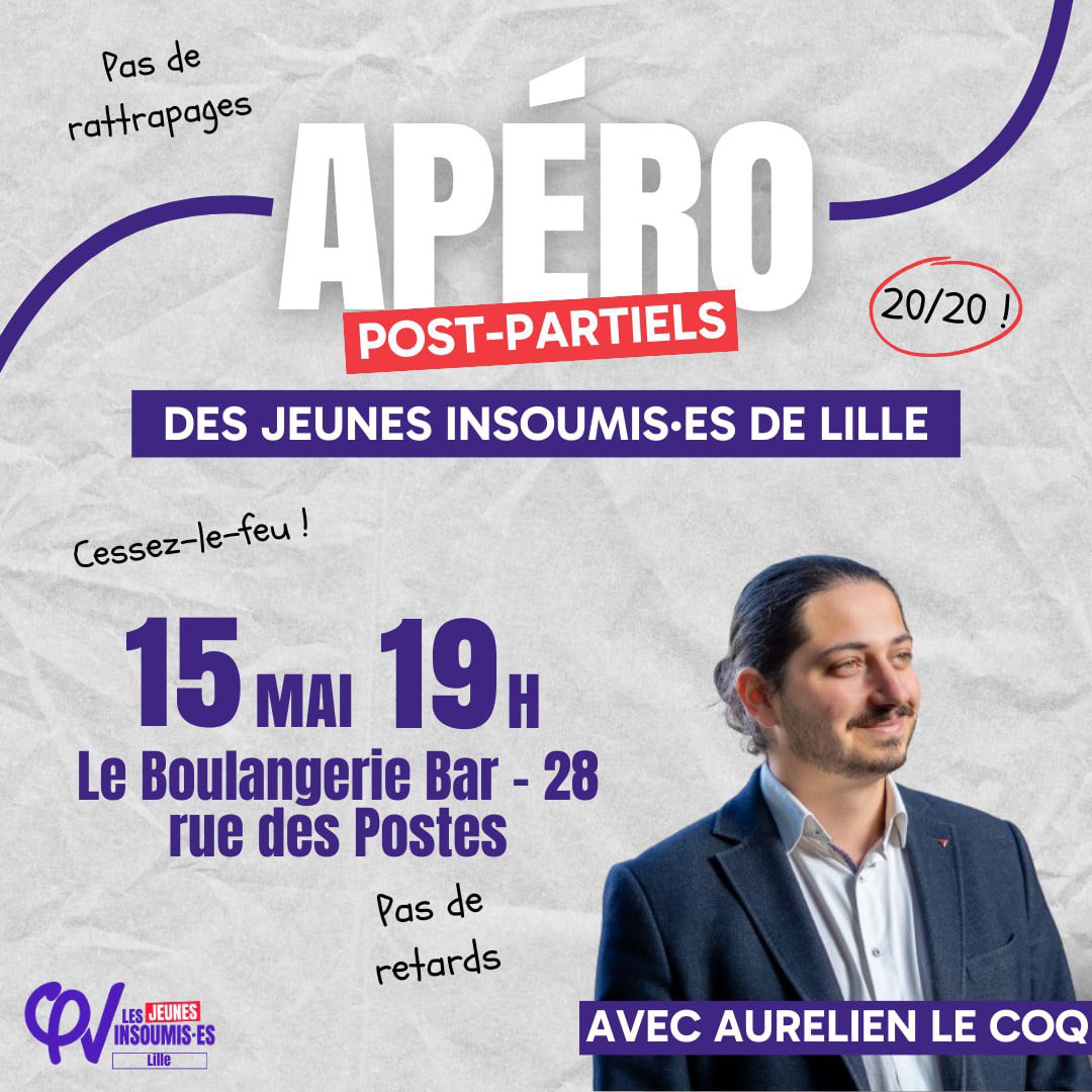 🔥 On se retrouve demain à 19h à la Boulangerie Bar pour l’apéro des jeunes insoumis•es avec notre candidat @Aurelien_Le_Coq ! 👉 Tu t‘intéresses aux élections européennes et tu en as marre de ce monde où les bombes ne cessent de tomber à Gaza ? ✊ Rejoins-nous demain !