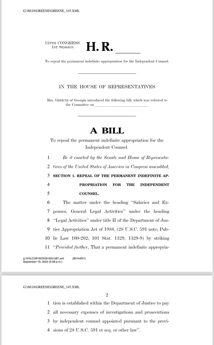 This is how Congress can stop Jack Smith! “Repeal the permanent indefinite appropriation for the Independent Counsel” The Speaker should put my bill in legislation the Senate has to pass and fight for it. Actions speak louder than words!!!