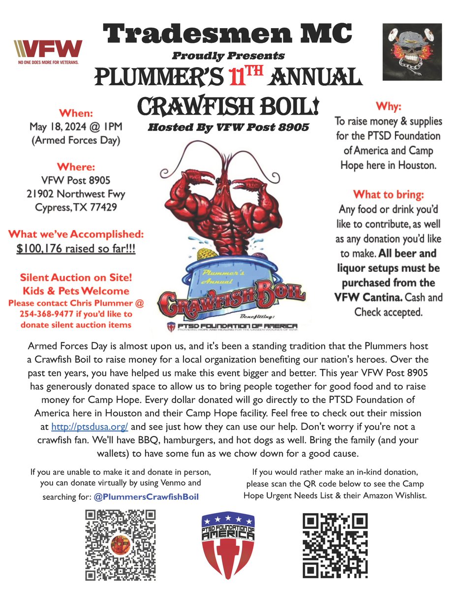 Join us this Saturday, May 18th, at Plummer's 11th Annual Crawfish Boil to celebrate Armed Forces Day and raise funds for Camp Hope, generously hosted by VFW Post 8905's. Enjoy delicious food and support our nation's heroes! #CrawfishBoil #ArmedForcesDay #CampHope