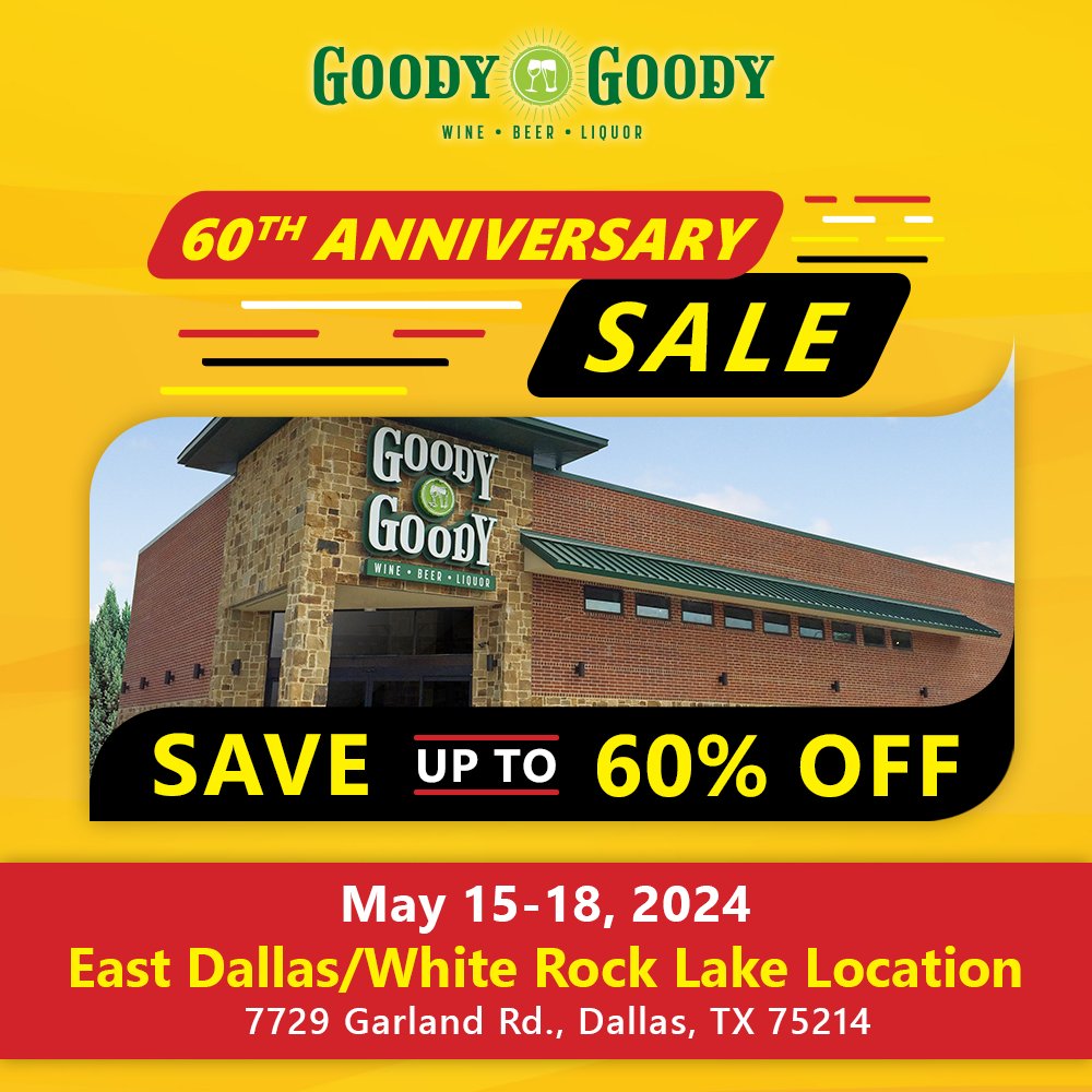 Visit us this week (May 15-18) in #EastDallas by #WhiteRockLake to celebrate our store's 8th anniversary and our 60th business anniversary! Save up to 60% on more than 1,000 wine, liquor, and non-alcoholic products. 🥂 Deets on our website: ow.ly/mxxu50RG1G8