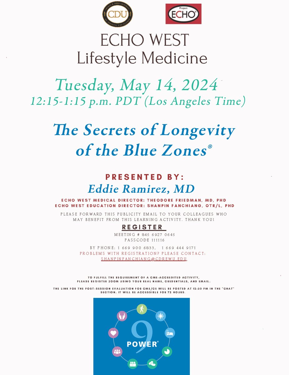 Free Seminar today. I will be speaking for EchoWest on 'The Secrets of Longevity from the Blue Zones.' 🇺🇸Los Angeles Tue May 12:15 PM 🇫🇷Paris Tue May 14 9:15 PM 🇦🇺Sydney time Wed May 15 5:15 AM 1 free CME credit. Register here: echo.zoom.us/meeting/regist… @DrKristieLeong