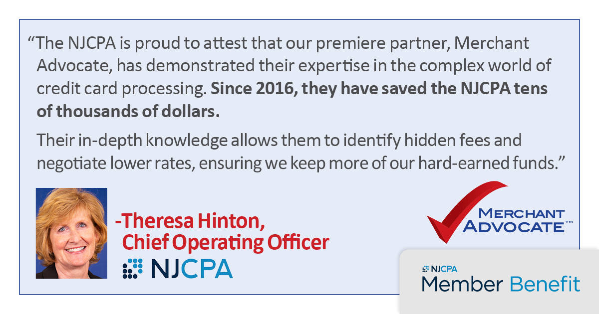 NJCPA member benefit provider @MerchAdvocate saves the NJCPA its members hard-earned revenue. Their services can help both your firm & your clients! Contact them for a FREE analysis, or visit them at booth 300 at the NJCPA Convention & Expo. merchantadvocate.com/njcpa/?utm_sou…
