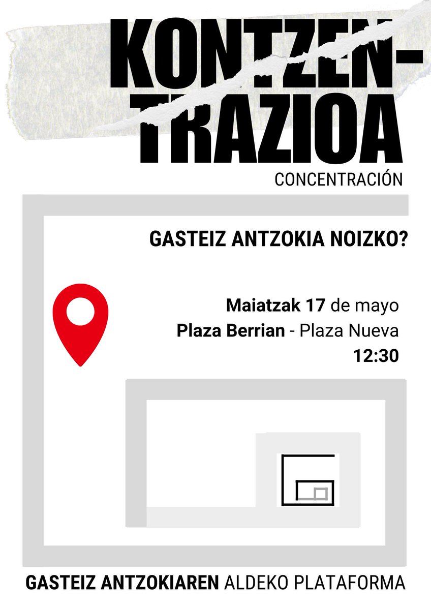 Ostiralean, maiatzak 17, 12:30etan Plaza Berrian KONTZENTRAZIO bat deitu dugu Udalaren aurrean, baietz 100 lagun batu!
Konzentrazioa burutzen den bitartean, udaletxe barruan, mozio bat aurkeztuko dute hauxe eskatuz: Udalak sortu duen arazoa berak konpon dezala.
#gasteizantzokia