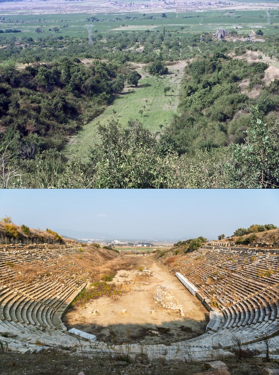efemarq's tweet photo. A dalt foto de 1985, a sota 2020. L'abans i el després del projecte arqueològic del Dr. Orhan Bingöl: desenterrar l'estadi romà de l'antiga ciutat de Magnèsia, a la Jònia. Un estadi inclusiu, de 30.000 espectadors, amb seients reservats per a discapacitats intel·lectuals. Fil 👇 https://t.co/EAi0QSL9Rj