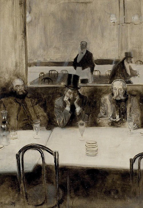 Serafino Macchiati (1861 - 1916) Paul Verlaine, Bibi-la-Purée et Stéphane Mallarmé au café Procope, 1890