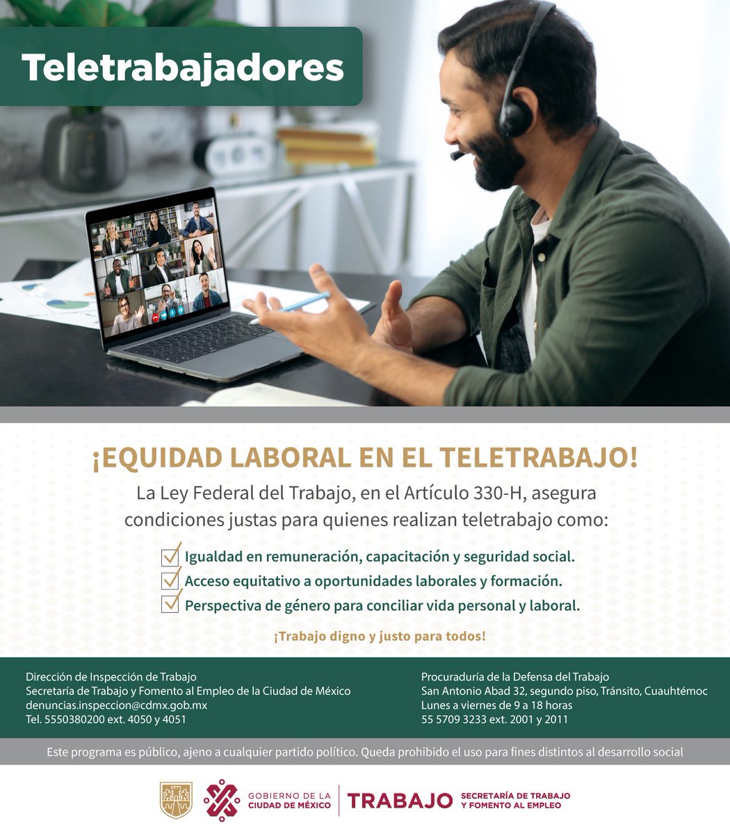 👉🏽La Ley Federal del Trabajo, en el Art.330-H indica que entre las condiciones justas para quienes realizan teletrabajo están: ✅ Igualdad en remuneración, capacitación y seguridad social. ✅ Perspectiva de género para conciliar vida personal y laboral. #TrabajoEnLaCiudad