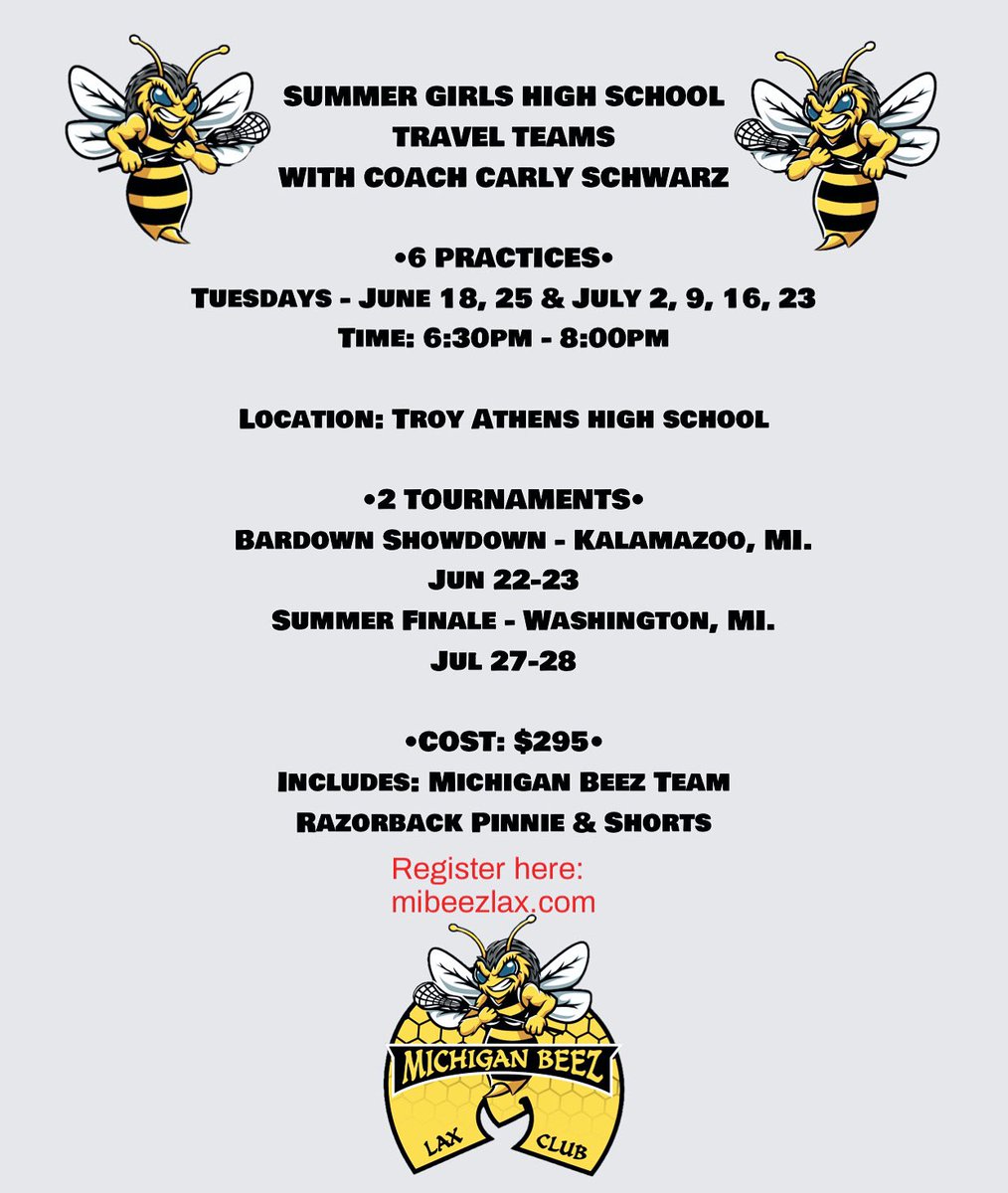TroyTerps's tweet photo. Registration open for Michigan Beez Girls Lax Club Summer Youth Clinics and JV &amp; Varsity Travel. Register at: https://t.co/wANRaksv53 https://t.co/tVr1Zdk0l1