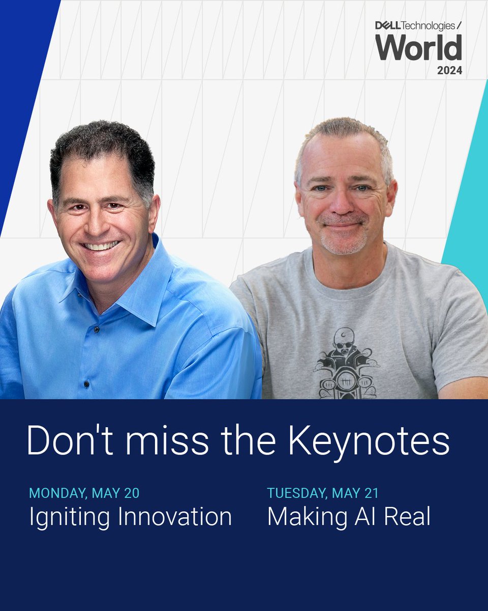 Tune in to #DellTechWorld to join @MichaelDell, @JClarkeatDell and special guests for inspirational Keynote sessions exploring the future of #AI. 

Join us Monday, 5/20 & Tuesday, 5/21 at 10:00 AM PT at: 
dell.to/3UZYil3