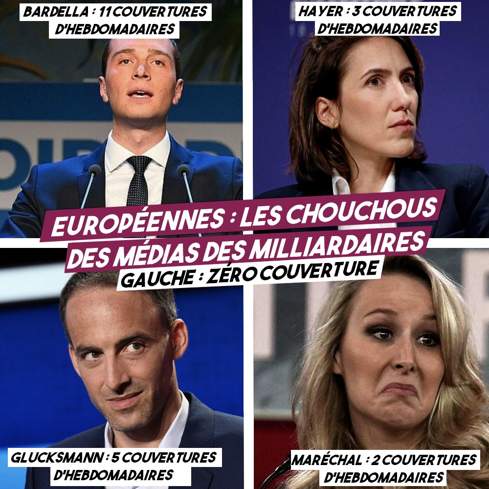 🗞️ ÉLECTIONS EUROPÉENNES : LES CANDIDATS CHOUCHOUS DES MÉDIAS

- Les éditorialistes plébiscitent l'extrême droite -

@acrimed_info, association de critique des médias, a répertorié toutes les couvertures d'hebdomadaires nationaux depuis le 1er janvier, jusqu’au 13 mai.

1/2 ⤵️