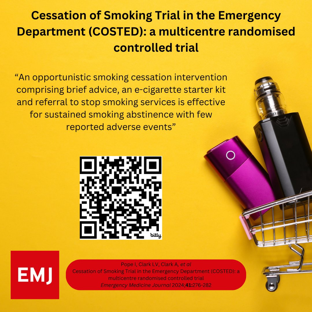 #May2024

Cessation of Smoking Trial in the Emergency Department (COSTED): a multicentre randomised controlled trial

emj.bmj.com/content/41/5/2…

<a href="/drianpope/">Ian Pope</a> <a href="/RCEMpresident/">Adrian Boyle</a>  <a href="/AddictionUea/">AddictionResearchUEA</a> <a href="/TJCoats/">Tim Coats</a>