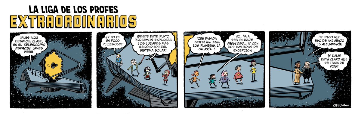 El universo a nuestros pies en #LPEXcifucomics. NOTA: la tira de hoy la subo en su formato alargado original para que veáis el efecto tan molón que permiten las viñetas... ¡Pasear por encima del Telescopio James Webb! Con Hipatia y Galileo OMG! @NASAWebb @ESA_Webb