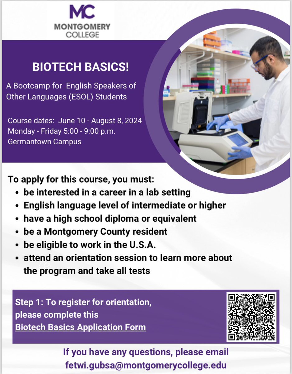 Are you interested in science or biotechnology? Register for Biotech Basics- A Bootcamp for English Speakers of Other Languages (ESOL) students. Please see the attached flyer for more details. To register for orientation, please click here: forms.office.com/pages/response…