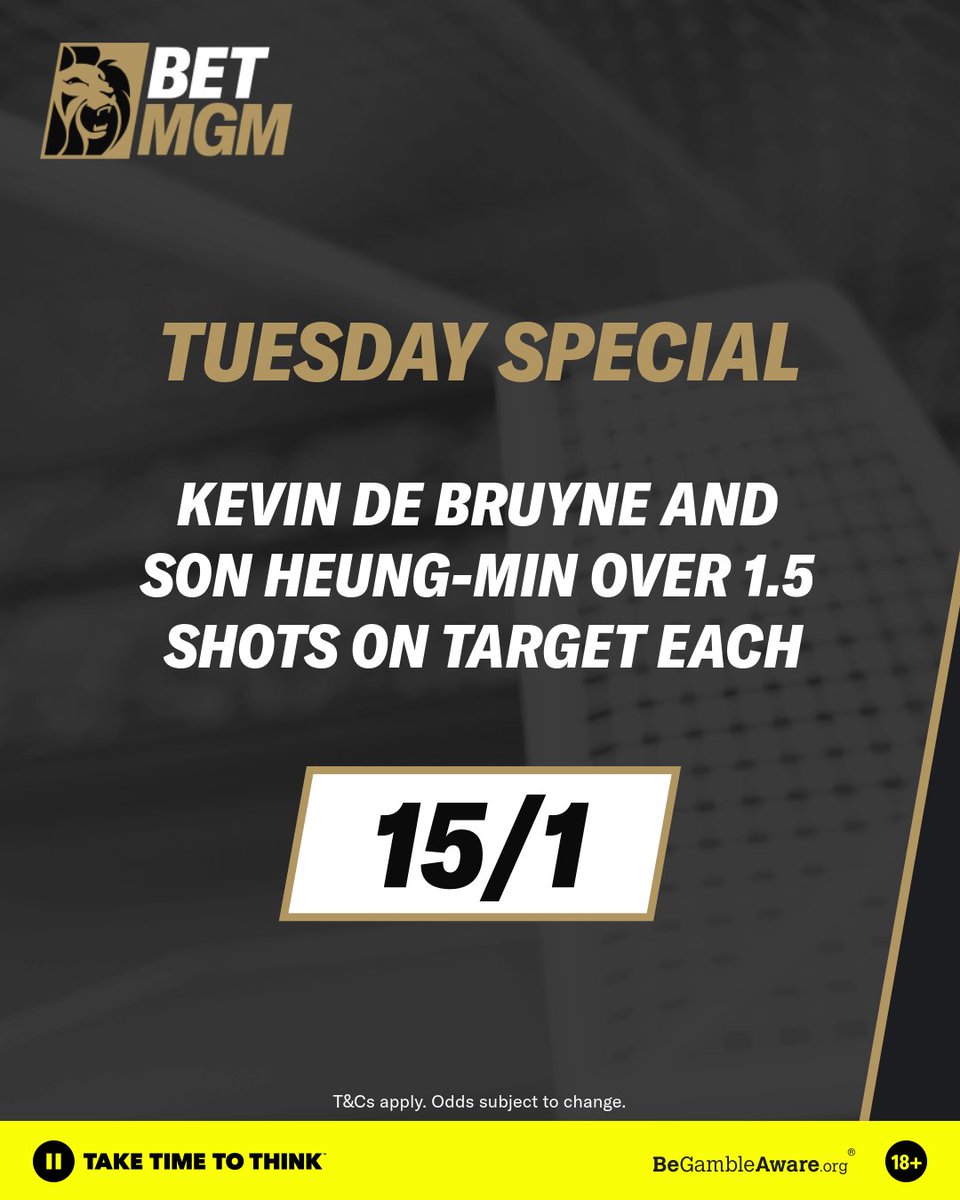 Kevin De Bruyne and Son Heung-min could have a 𝗕𝗜𝗚 part to play tonight 🎯 That's why we've got a 𝙏𝙐𝙀𝙎𝘿𝘼𝙔 𝙎𝙋𝙀𝘾𝙄𝘼𝙇 on both players hitting the target tonight👇 More info here: betmgm.uk/425GV48\ #TOTMCI #THFC #MCFC