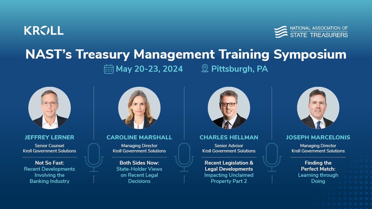 KrollWire's tweet image. Kroll’s Government Solutions practice is proud to sponsor the 2024 Treasury Management Training Symposium. If attending, please join the Kroll team who will be speaking on the following panels ⬇️

Learn more: ms.spr.ly/6014YXHDq

#GovernmentSolutions #NAST2024