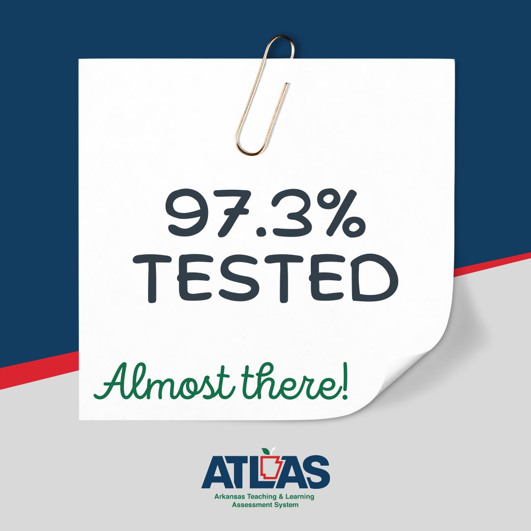 The DESE Assessment Office is excited to report that 97.3% of Arkansas students in grades 3-10 have completed their end-of-year ATLAS testing before next Friday's deadline! We also offered schools a chance to pilot the new K-3 test, and 39.5% of eligible students participated.