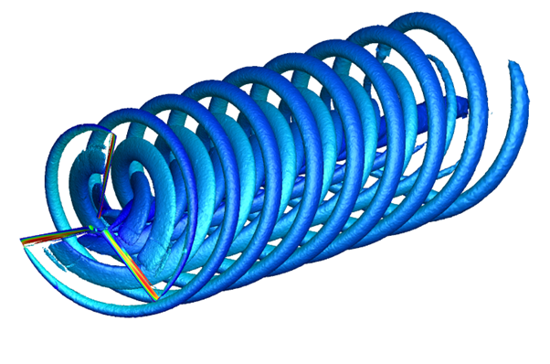 Tecplot's tweet image. The following image is a result of FlexCompute's ultra-fast cloud-based #Flow360 CFD solver with #Tecplot360 post-processing! It depicts the vortices of a XV-15 rotor in airplane mode. Learn more: okt.to/jh6v7u #visualization #cfdanalysis