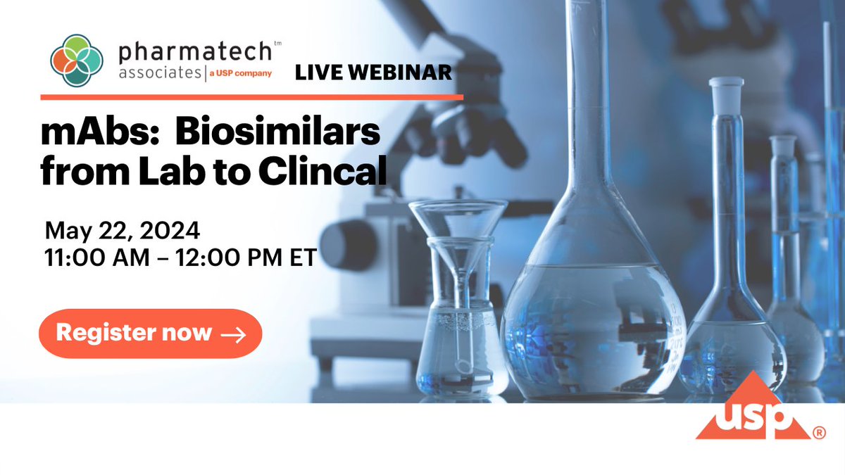 Join us for a live webinar on May 22 at 11 a.m. EST as Apurv Puri and John Aikens from Pharmatech Associates share insights on the current pathway options for biosimilars. Register here:
Realize Your Potential: USP Education (hubs.ly/Q02v_H7x0) 

#biopharma #biosimilars