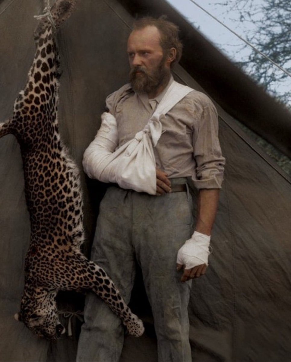 In 1896, American taxidermist Carl Akeley was attacked by a leopard while on a visit to Africa and killed it with his bare hands by ramming his hand down the leopard's throat and choking it to death. A colorized photo 😳😳