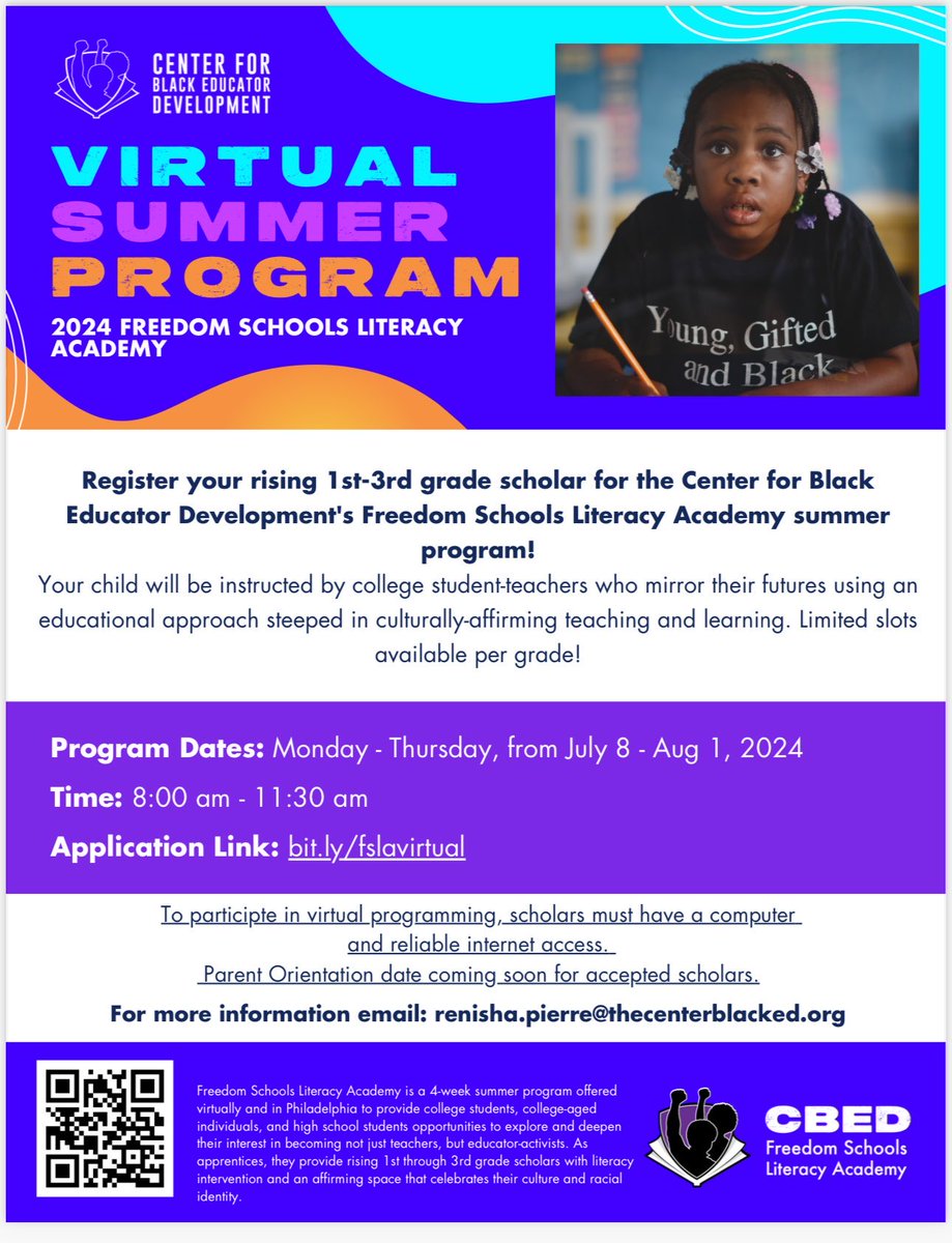 We have a few more virtual slots for rising 1st-3rd grade students! Sign your young Scholars up today! @CenterBlackEd @BlkHmschoolDad @blackhomeschool @dradamsbass #FreedomSchools