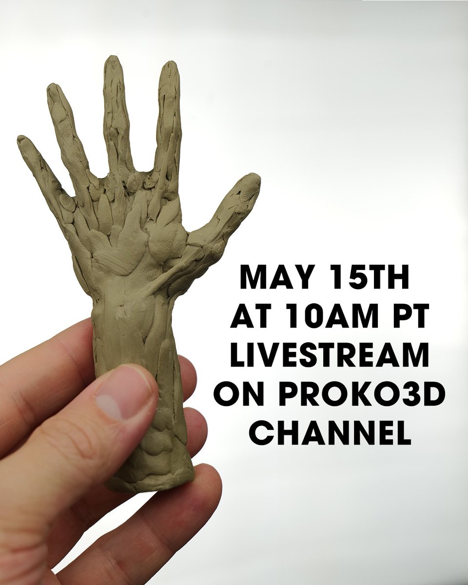 Wednesday, at 10am PT, sculpting instructor Andrew Joseph Keith will be going live on the Proko3d YT channel! He'll be showing you how he sculpts hands and answering questions about his process throughout the stream. Come hang out! youtube.com/live/_rtt8_rhU…