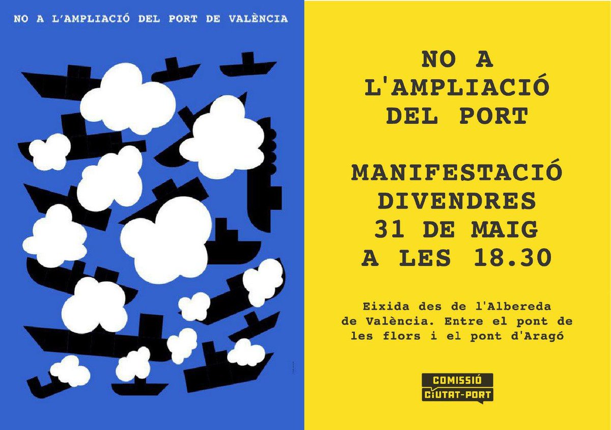 MANIFESTACIÓ!!
El 31 de maig tornem a prendre els carrers contra l'ampliació del Port de València. Fem front a la destrucció i l'espoli, lluitem per un mon millor on la salut i la natura estiguen al centre. En defensa de les nostres platges, l'Albufera i l'Horta <a href="/NoAmpliacioPort/">ComissióCiutatPortValència</a>