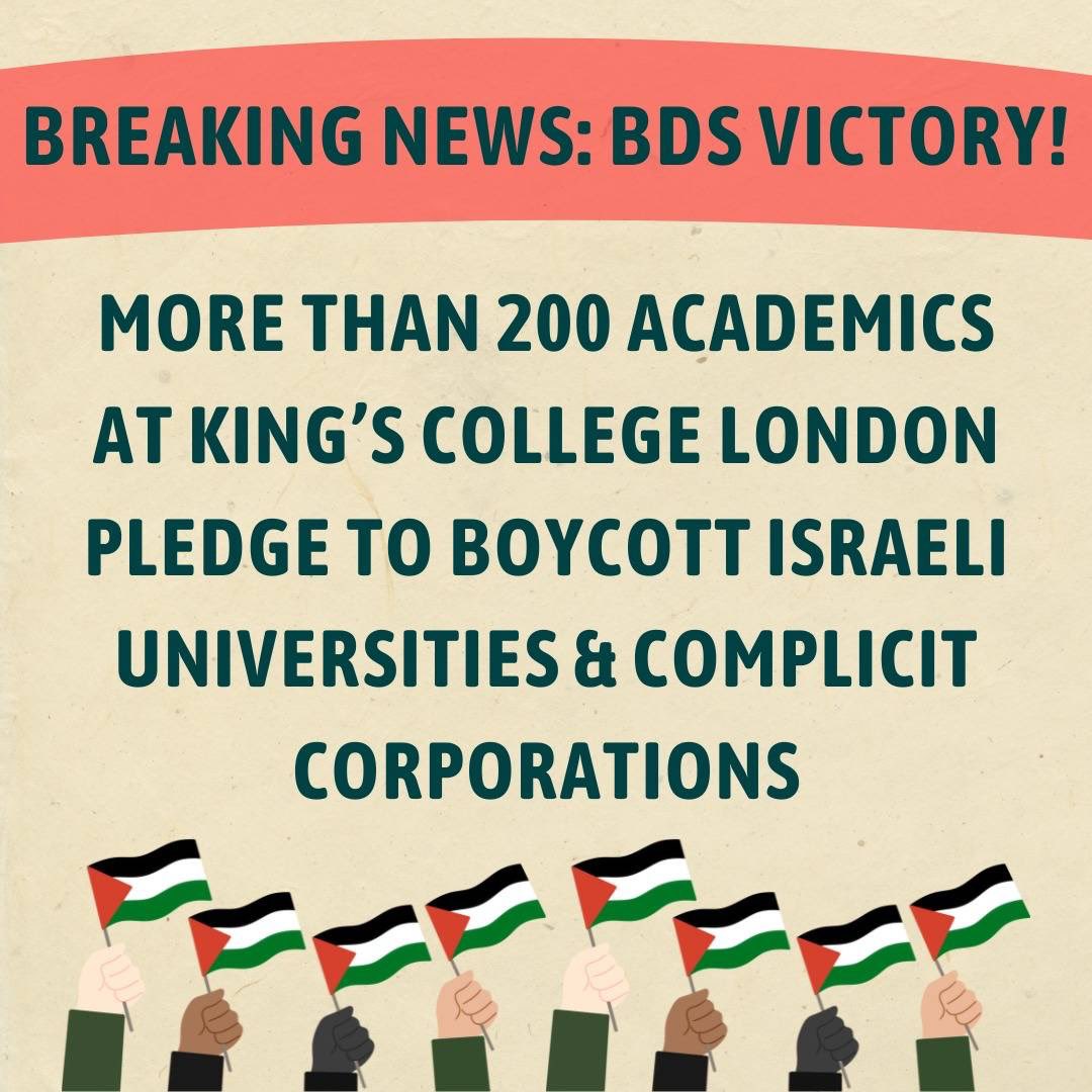 Solidarity from @KingsCollegeLon as over 200 academic staff join the boycott against Israeli universities and complicit corporations. It's time to end the genocide, illegal occupation and apartheid in Palestine. #KCLDivestNow #KCLendComplicity