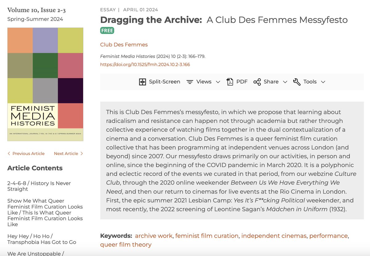 '2-4-6-8 / History Is Never Straight'!!!! online.ucpress.edu/fmh/article/10… *Do not under any circumstances* miss out on reading the @clubdesfemmes MESSYFESTO, 'Dragging the Archive.' 👑🔥🎞️