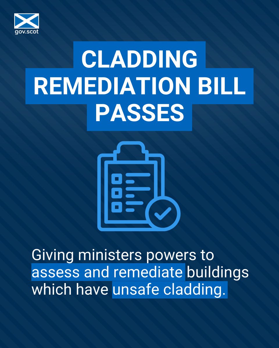 ✅The @scotgov Cladding Remediation Bill has passed stage 3 in @scotparl. 🛠️The Bill will give new powers to assess and remediate buildings with unsafe cladding and allows for the creation of a Responsible Developers Scheme and Cladding Assurance Register.