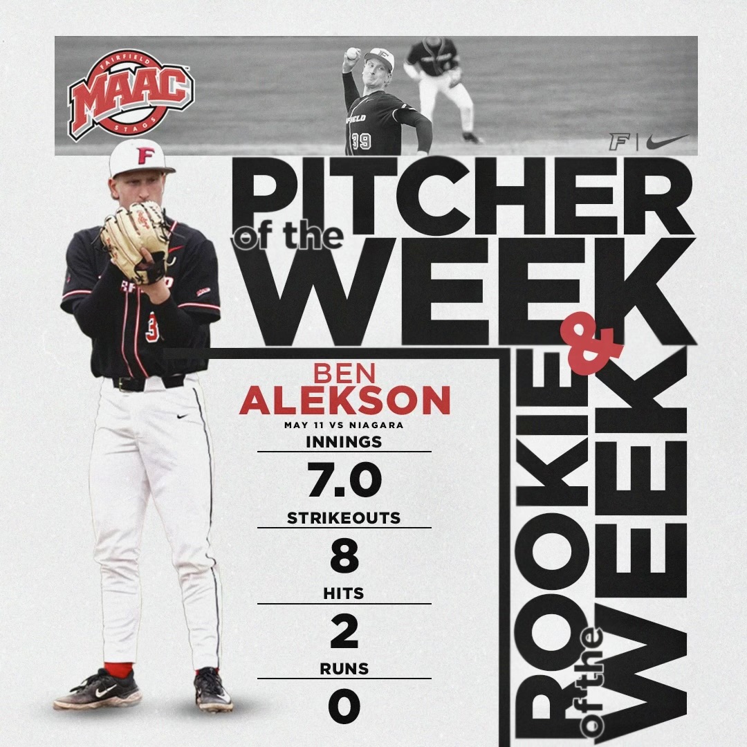 After a dominant start at Niagara, Ben Alekson is the #MAACBase 𝐏𝐢𝐭𝐜𝐡𝐞𝐫 𝐀𝐍𝐃 𝐑𝐨𝐨𝐤𝐢𝐞 of the Week‼️

➡️ fairfieldstags.com/news/2024/5/14…

#WeAreStags🤘