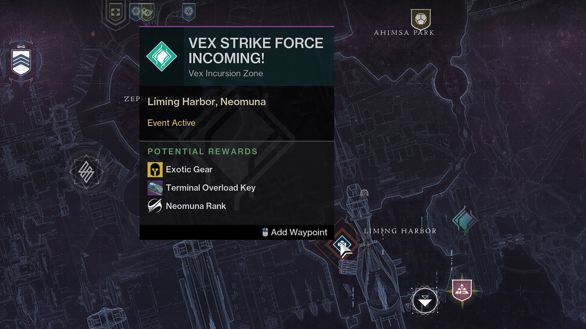 Vex Strike Force events will be taking place in Límíng Harbor this week. Good luck farming 🫡