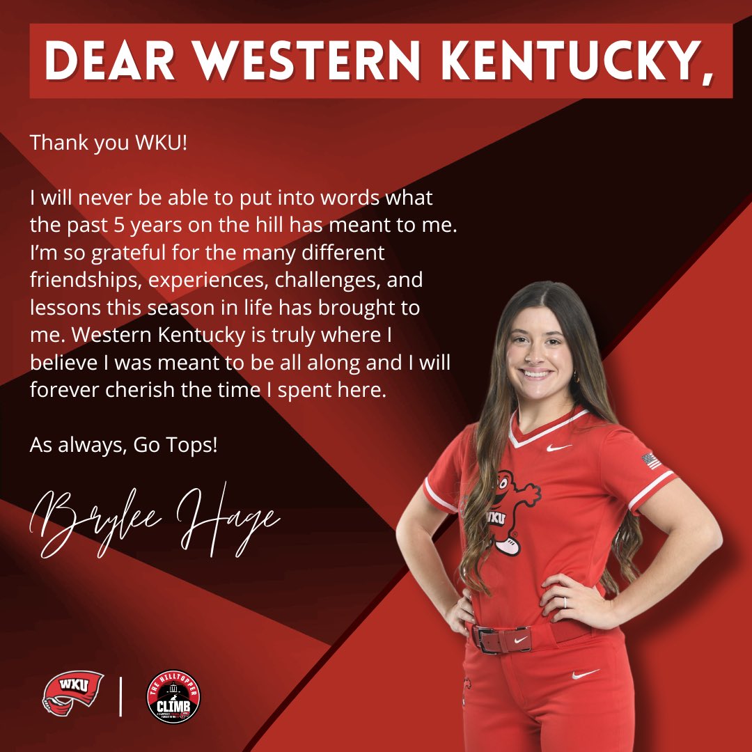 As our seniors prepare for graduation, we gave them the opportunity to write a letter back to @wku 🔴 “Western Kentucky is truly where I believe I was meant to be all along and I will forever cherish the time I spent here.” @bryleehage of @WKUSoftball 🥎 #GoTops
