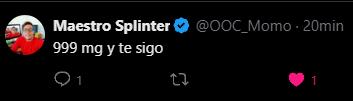 Splinters necesito de su ayuda! 999 mg en la publicación original y <a href="/OOC_Momo/">Maestro Splinter</a> me sigue! Podrémos lograrlo? <a href="/SplinterProgra1/">Splinter Programador</a> <a href="/SplinterMartins/">Splinter Christian Martin</a> <a href="/SplinterParrill/">Splinter Parrillero</a> por favor RT y MG en la original!!! 💪