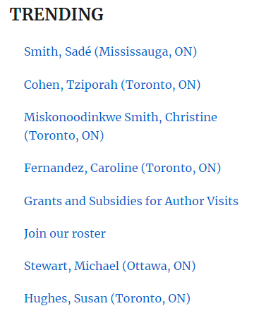 Trending on Authors' Booking Service today - book these and other talented Canadian #kidlit creators authorsbooking.com @stc_smith @tzippymfa @MiskoNoodinKwe @ParentClub @MichaelFStewart @childbkauthor