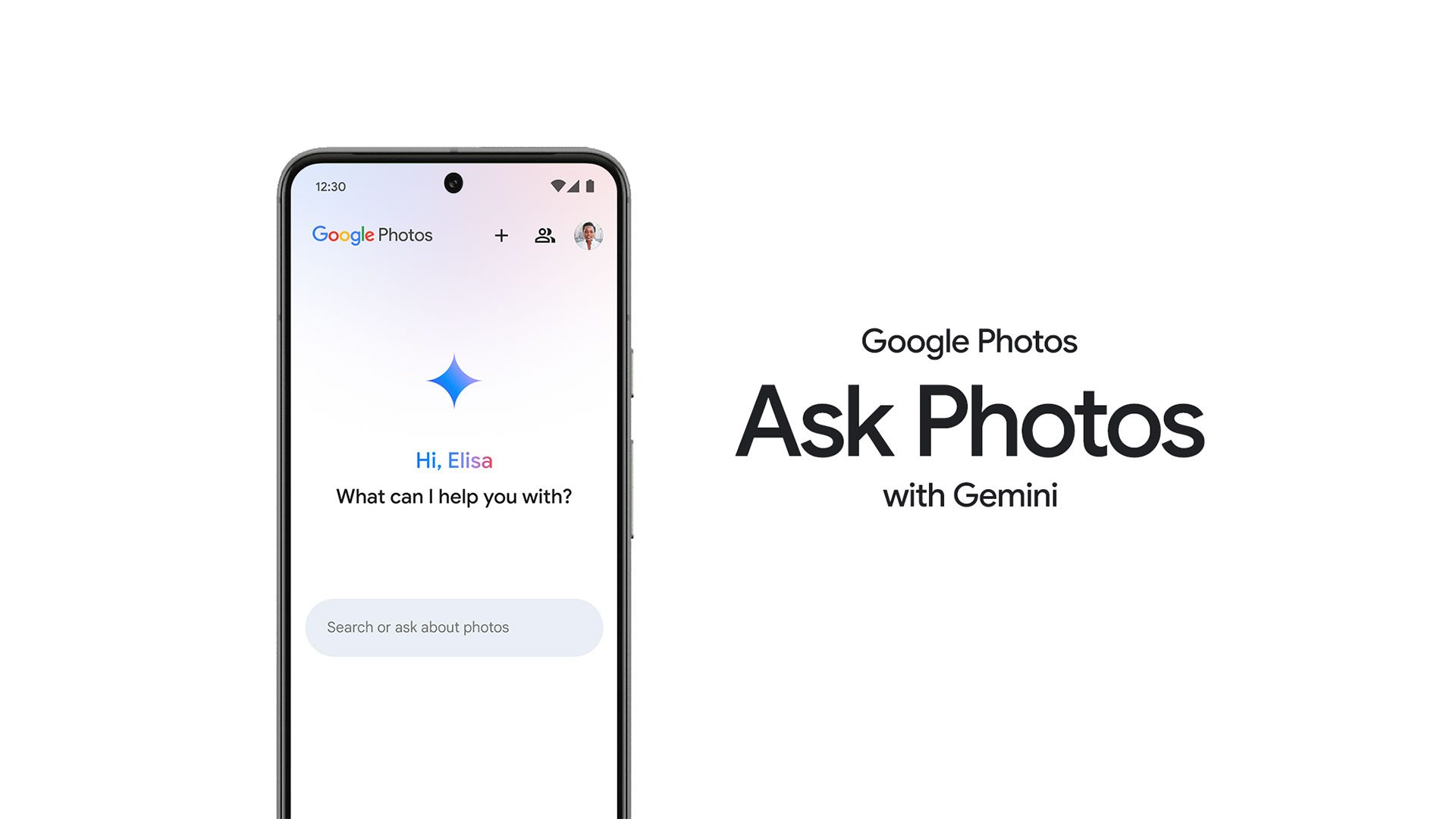 A phone sits on the left side of the image, showing Ask Photos UI on screen, with a prompt area and blue spark logo. The right side of the screen says “Google Photos Ask Photos with Gemini”