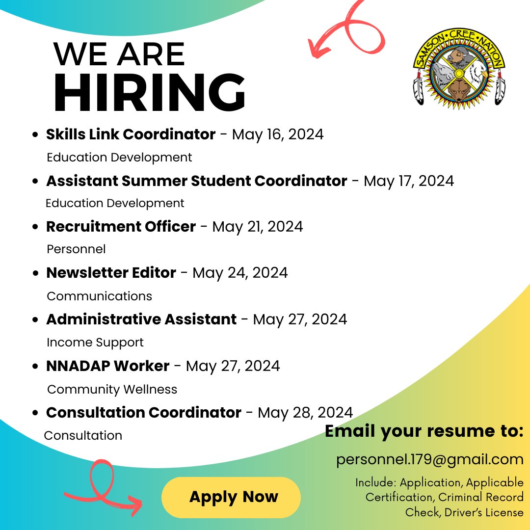 SamsonCree's tweet photo. Updated list of Employment Opportunities with SCN!
#samsoncreenation #maskwacis #scnemployment #scnjobs #maskwacisemployment #maskwacisjobs #indigenousemployment https://t.co/9jTNHFitgO