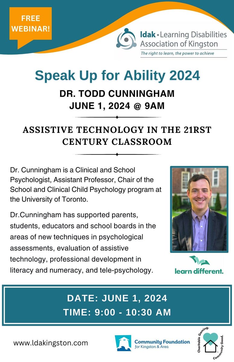 Join us for Part 2 of our Speak Up for Ability webinar - Dr. Todd Cunningham on June 1, 2024! This webinar will provide the most recent information on Assistive Technology and how it can support learning. Let us know you're coming! buff.ly/44FBrya