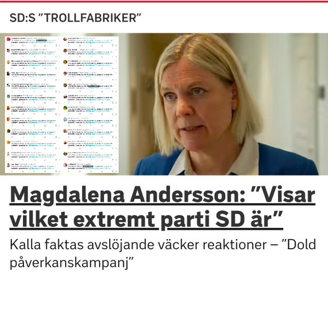 Magdalena Andersson: ”Visar vilket extremt parti SD är” Fast när Socialdemokraterna skickar samma meddelande samma minut från 24 konton, så är det Helt okej , ''ej extremt, ej farligt'' 🌹🤡