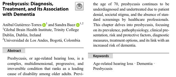 Presbycusis (age-related hearing loss) isn't just about aging—it's a complex condition with impacts on health and wellbeing, from social isolation to #dementia risk. New chapter in @Palgrave from #AtlanticFellows @SandraBez9 & Anibal Gutiérrez-Torres link.springer.com/referenceworke…
