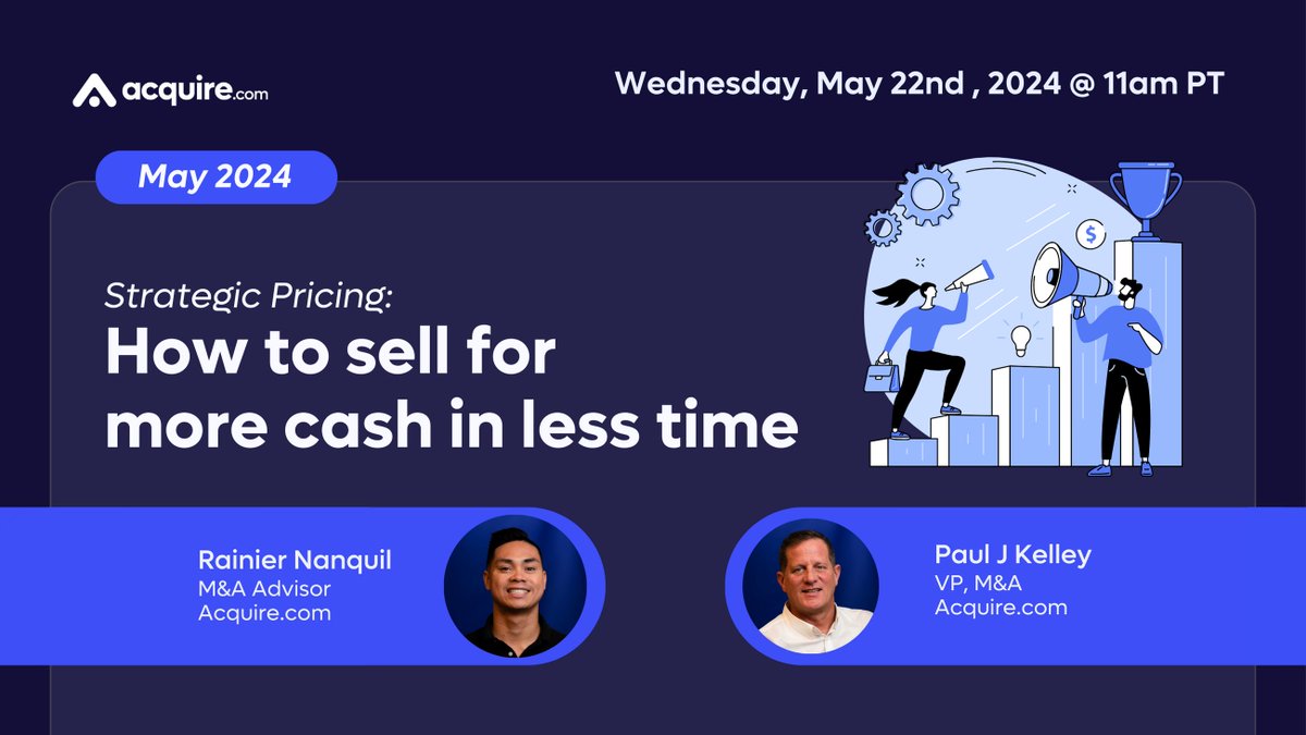 After helping hundreds of startups get acquired, we've noticed a common problem: founders want to sell quickly and get the most cash but aren't sure how to price their business. Join our webinar on May 22nd @ 11am PT to learn how to price your biz: 👇us06web.zoom.us/webinar/regist…