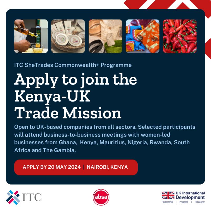 Calling UK companies! Together with #SheTrades Kenya Hub, the International Trade Centre is organizing a Kenya - UK Trade Mission on 18 – 21 June. Apply by 20 May, 2024 Details: shorturl.at/JM157 #SheTrades #Kenya #UK #WomenLedBusinesses #UKInternationalDevelopment
