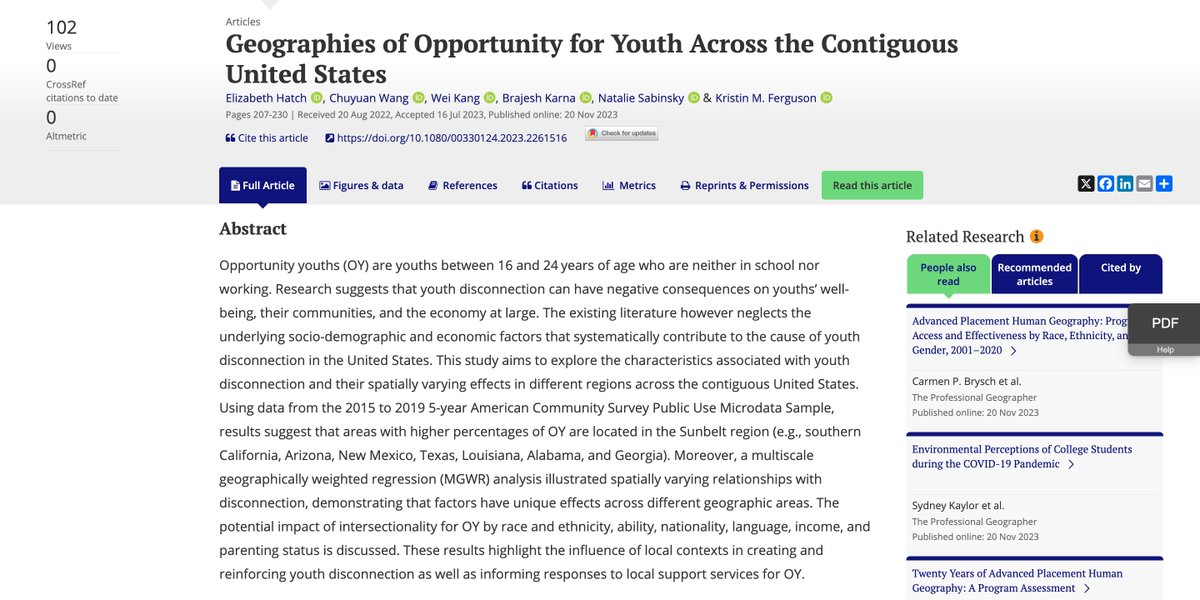 Hatch et al. investigate the characteristics of Opportunity Youths (16–24 -year-olds who are neither in school nor working) and their spatial distribution in the US, emphasizing regional disparities and intersectional impacts. bit.ly/4bfMqAy