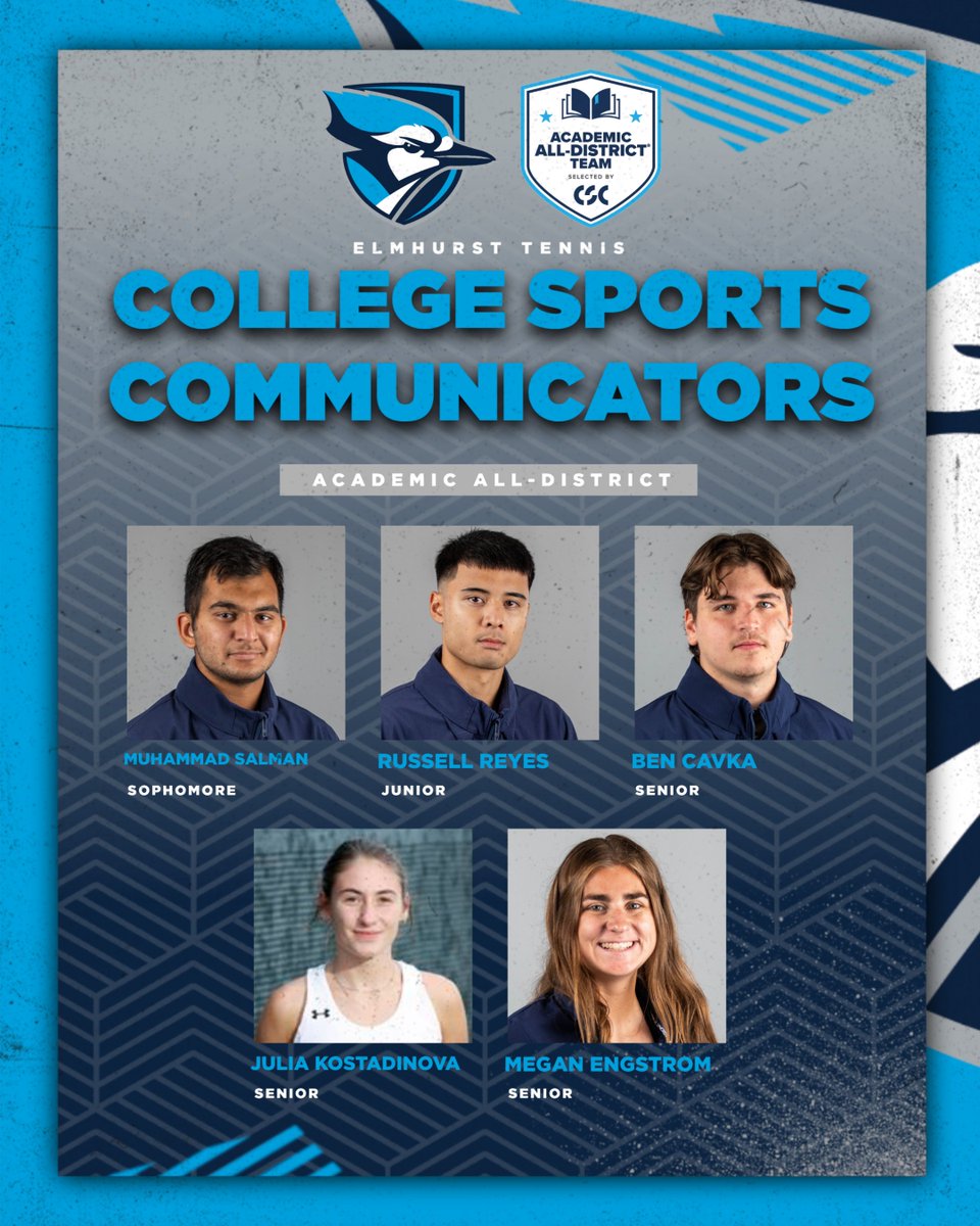 Congratulations to the five @ElmhurstTennis student-athletes for earning @CollSportsComm Academic All-District honors! #FlyJaysFly 📰bit.ly/3wzTMAh