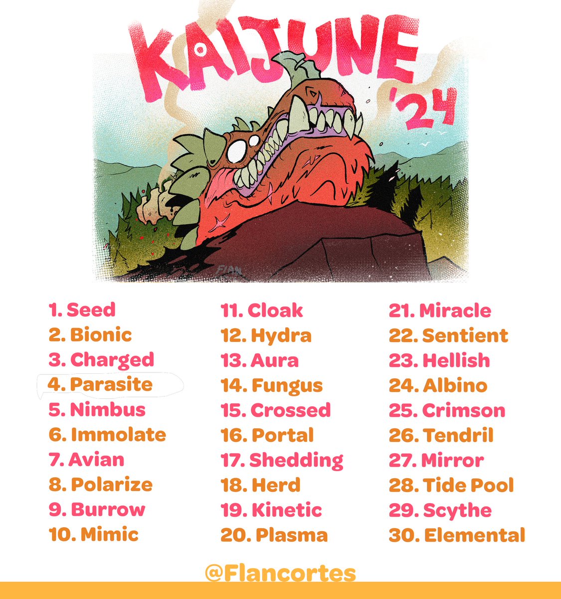 Since Kaijune is next month I wanted to post my prompt list for anyone that wants an early start on sketching and brainstorming :) 🫡