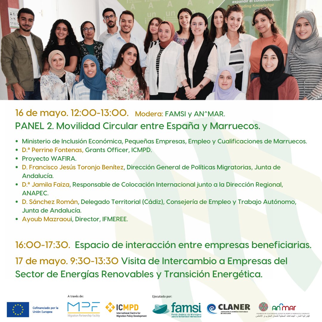 ¡El II Encuentro Empresarial y Visita de Intercambio #MOVEGREEN está a punto de comenzar en #Tánger! 💡 Del 16 al 17 de mayo, conectaremos con empresarios del sector de #energíasrenovables y representantes institucionales de ##Andalucía y Marruecos🇪🇸🇲🇦. @ICMPD #CLANER